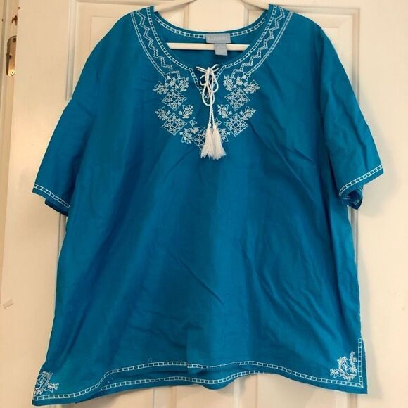 Liz & Me Blue V-neck Lace-up Embroidered Beads Short Sleeve Blouse 2X (22/24 W) - Picture 2 of 16